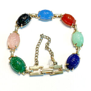 Vintage Chain Bracelet Multicolor Carved Stone Scarabs Romantic Eqyptian Revival